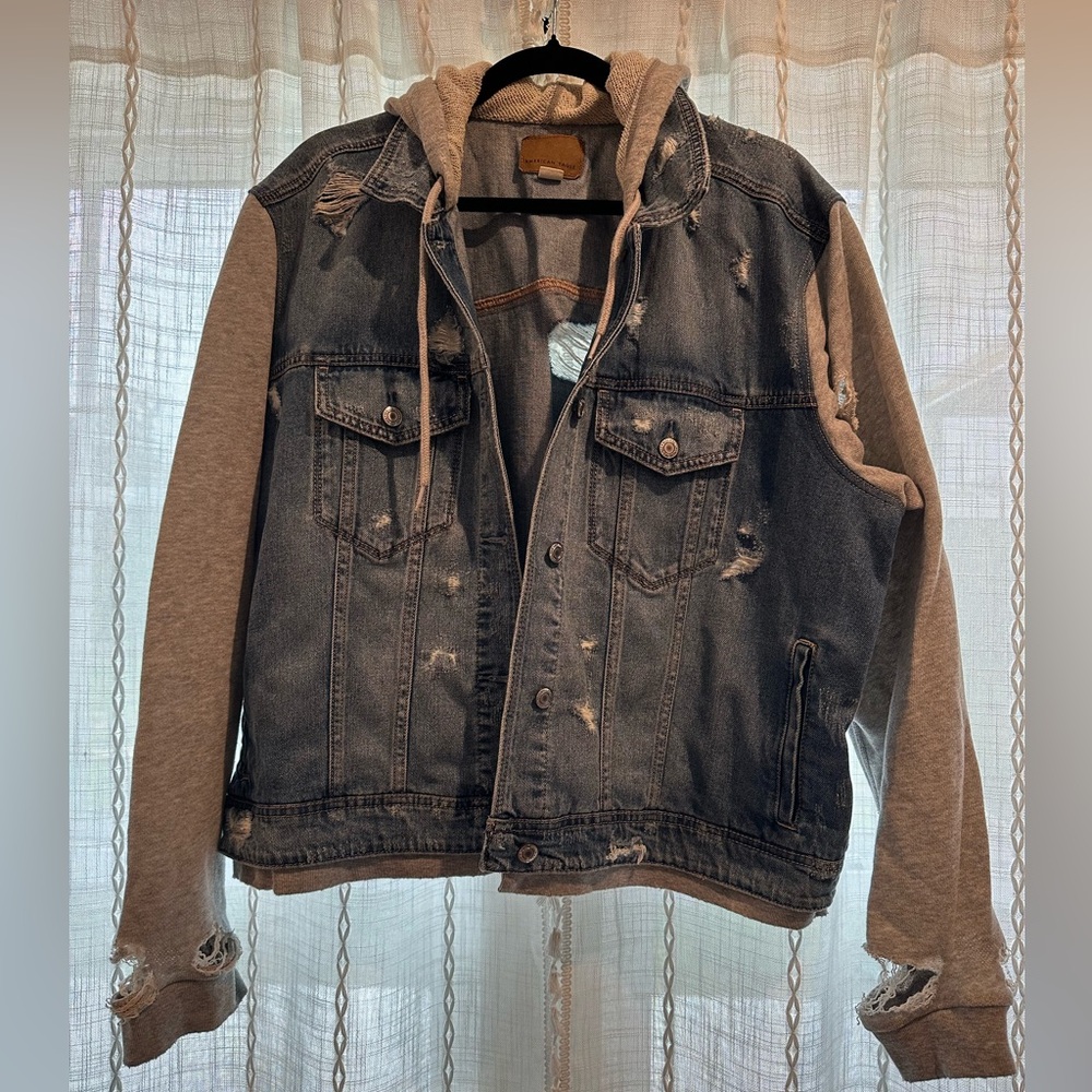 American Eagle distressed denim jacket with hood